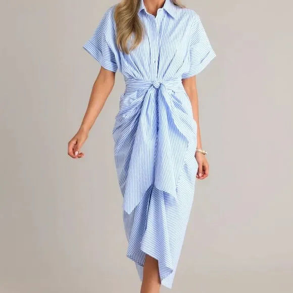 DO+BE Sailor Tie Front  White and Blue Stripped Midi Dress M NWT - Picture 2 of 13